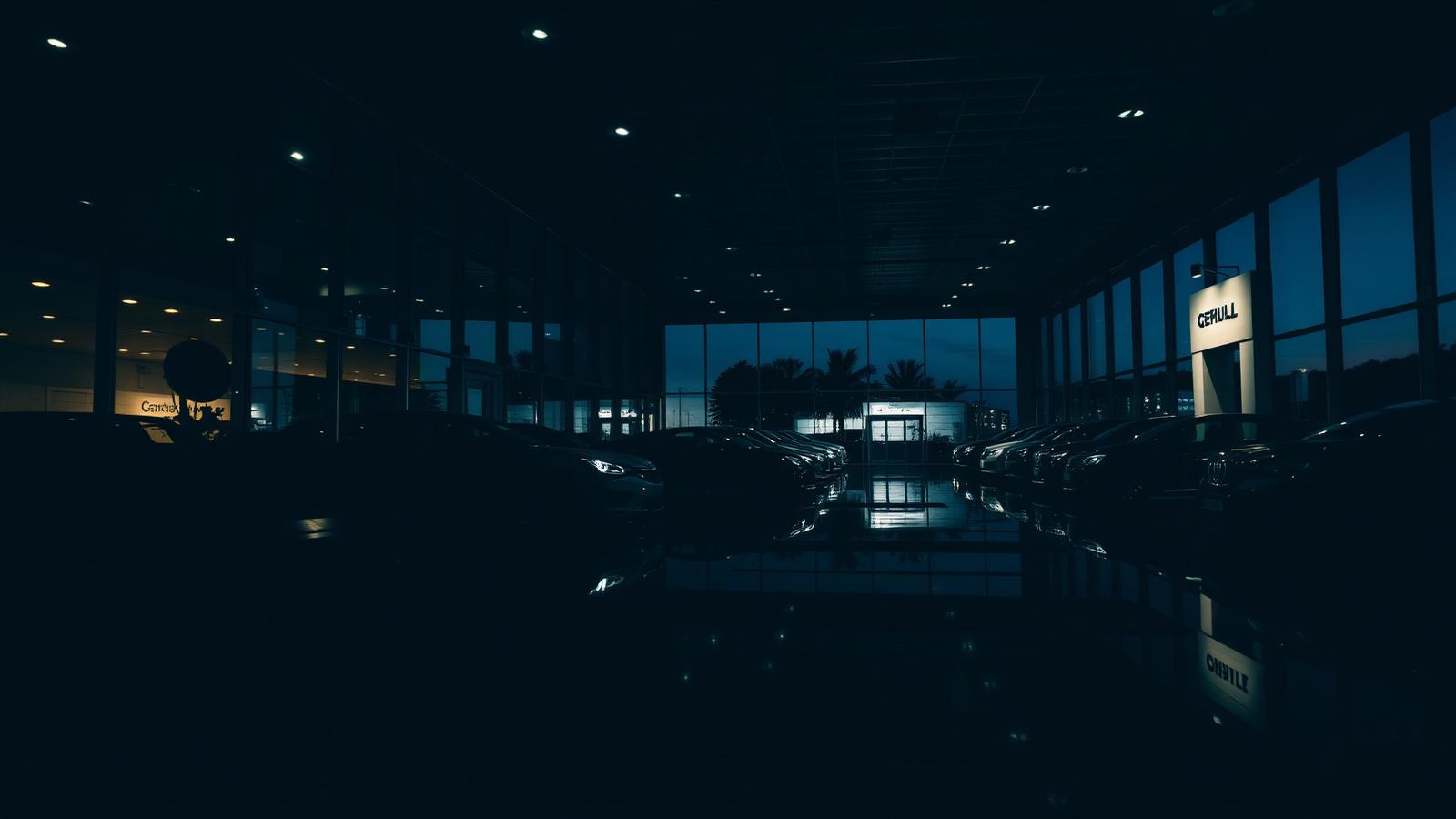 Dealership showroom at dusk